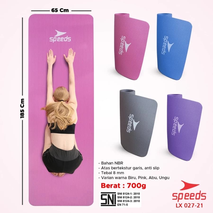 Matras Yoga Anti Slip SPEEDS dengan ketebalan 8 mm berbahan NBR. Nyaman untuk yoga, pilates, stretching, senam, hingga workout di rumah maupun di gym.